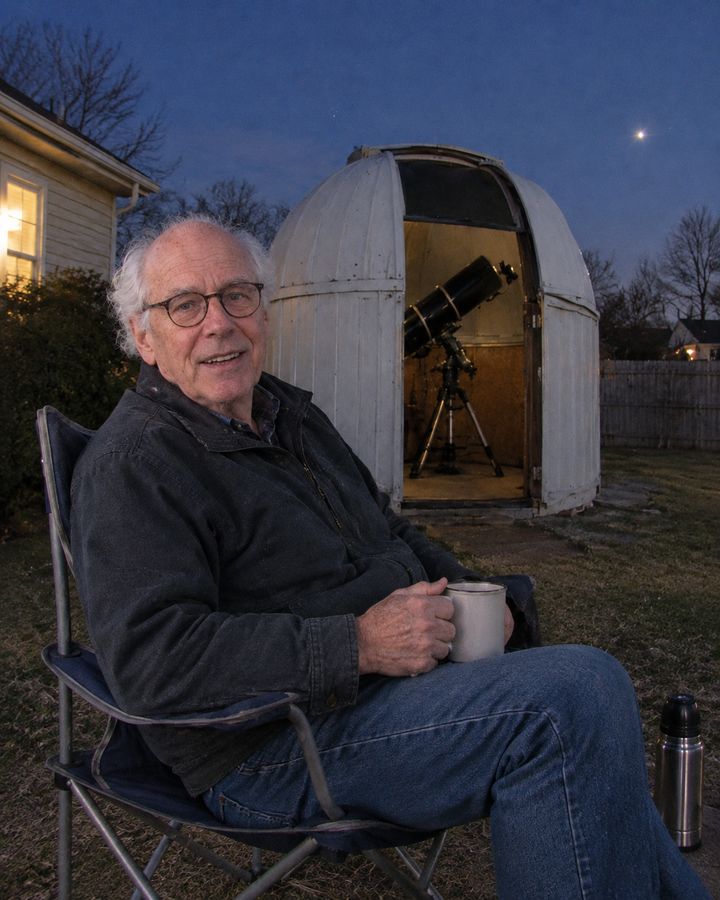 Dale Brennan in a camp chair beside the small observatory dome in his backyard, a mug in his hands