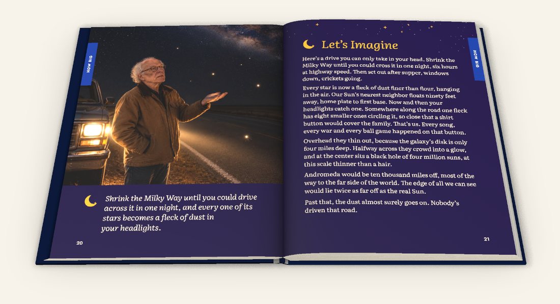 An open copy of the book: Dale on a Kansas road at night under the Milky Way, beside a “Let’s Imagine” page in deep violet