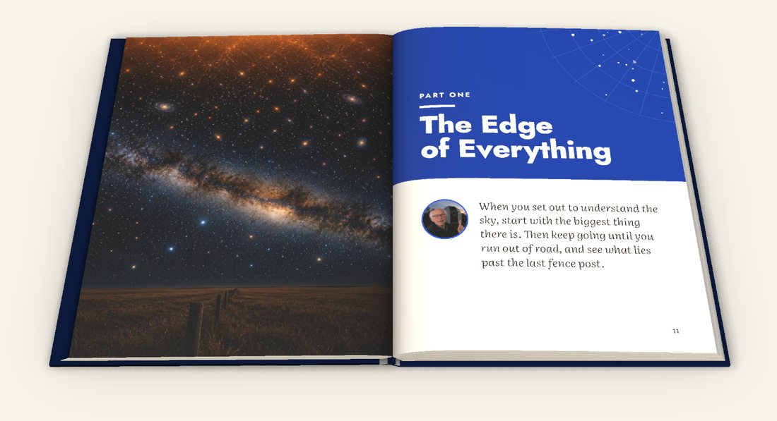 An open copy of the book at the start of Part One, The Edge of Everything: a full-page picture of galaxies above a Kansas road, beside the part’s title page