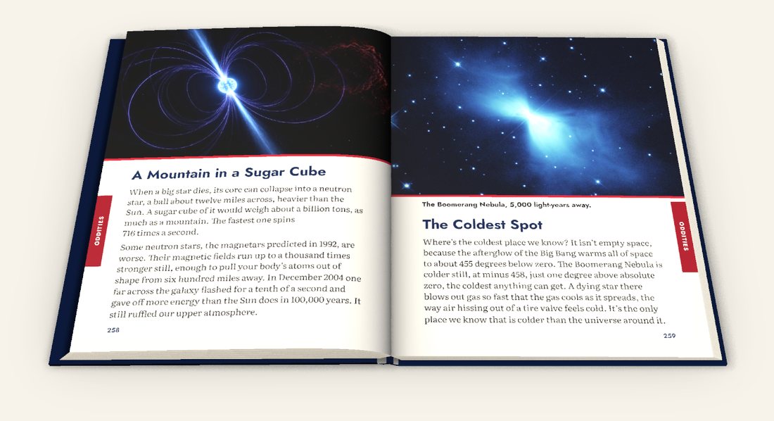 An open copy of the book: a neutron-star illustration and a telescope photograph of the Boomerang Nebula above two pages of large, clear text